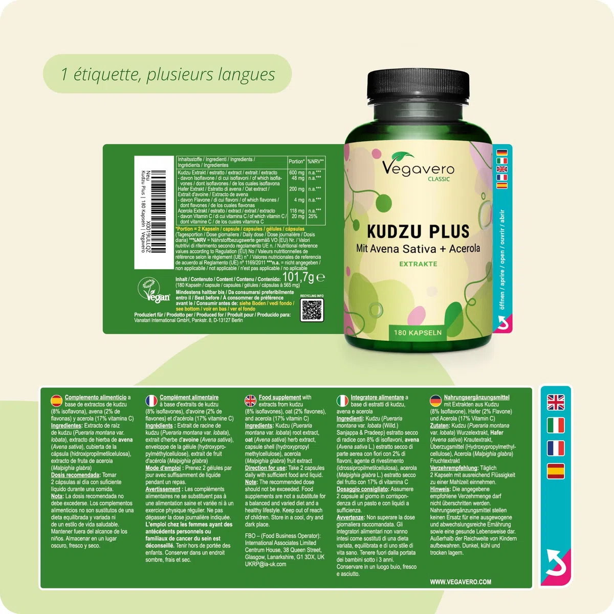 KUDZU Plus Vegavero® | 600 mg d'Extrait (10:1) | Standardisé en ISOFLAVONES | Avec Vitamine C Naturelle | Sans Additifs | 180 Gélules | Antioxydant Puissant + Anti Tabac | VEGAN