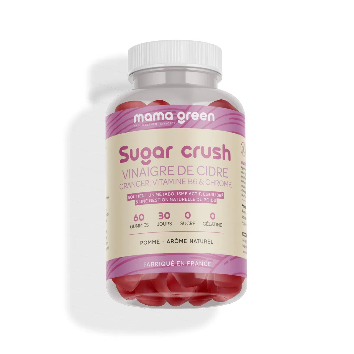 Mama Green - Gummies Sugar Crush - Vinaigre de cidre – Gestion du métabolisme - 60 gummies - Sans sucre – Sans colorants et arômes artificiels - Fabriqué en France