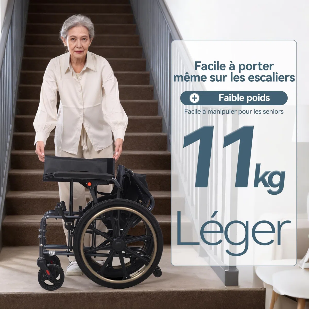 M4 Fauteuil roulant pliable léger avec double rembourrage d'assise, roues avant absorbant les chocs, cadre en aluminium léger, accoudoirs amovibles, pneus en caoutchouc sans entretien