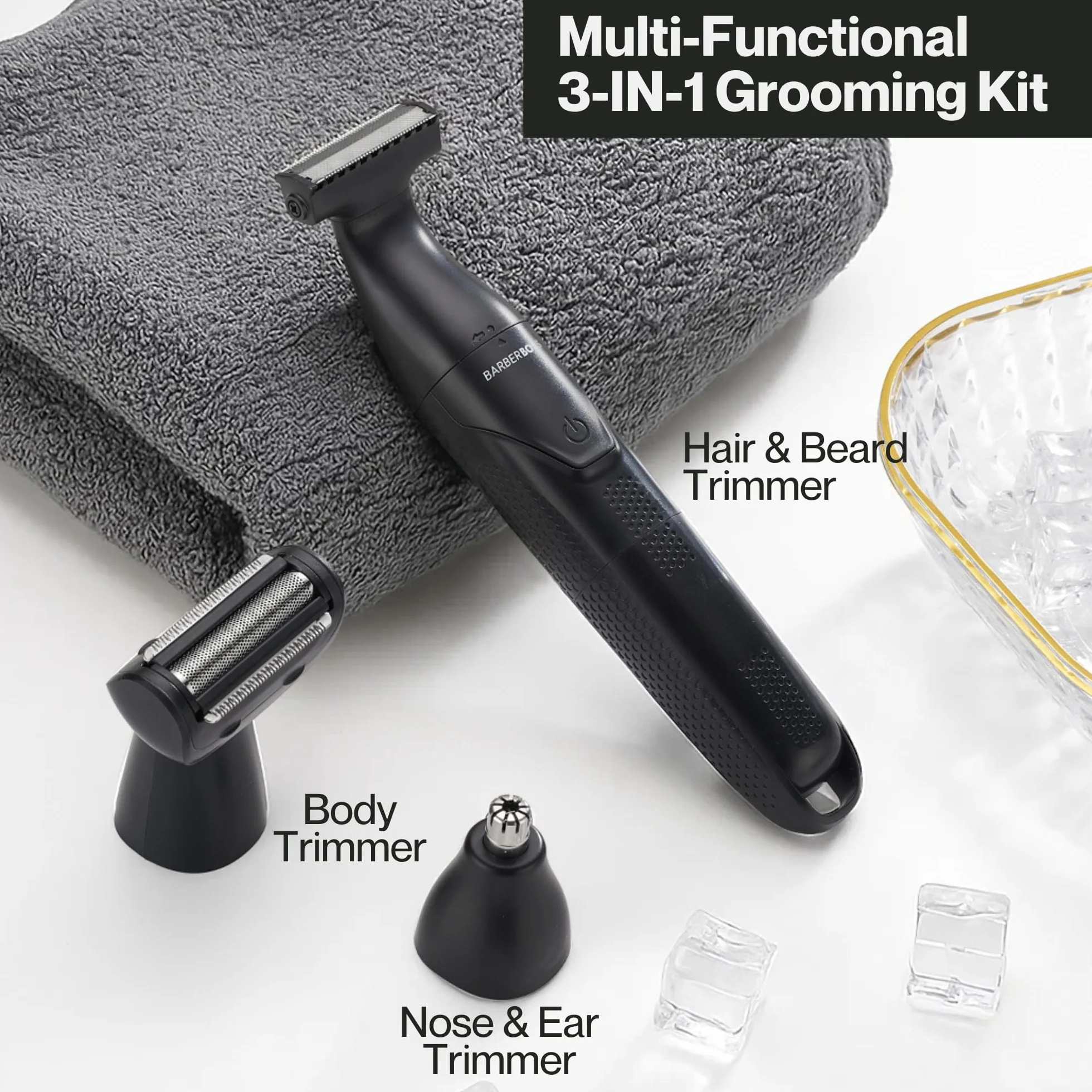 BarberBoss Tondeuse de précision 3-en-1 pour homme, kit de soins pour barbe et cheveux, tondeuse corps, tondeuse nez et oreilles, rasoir sans fil rechargeable avec chargement USB (Noir)