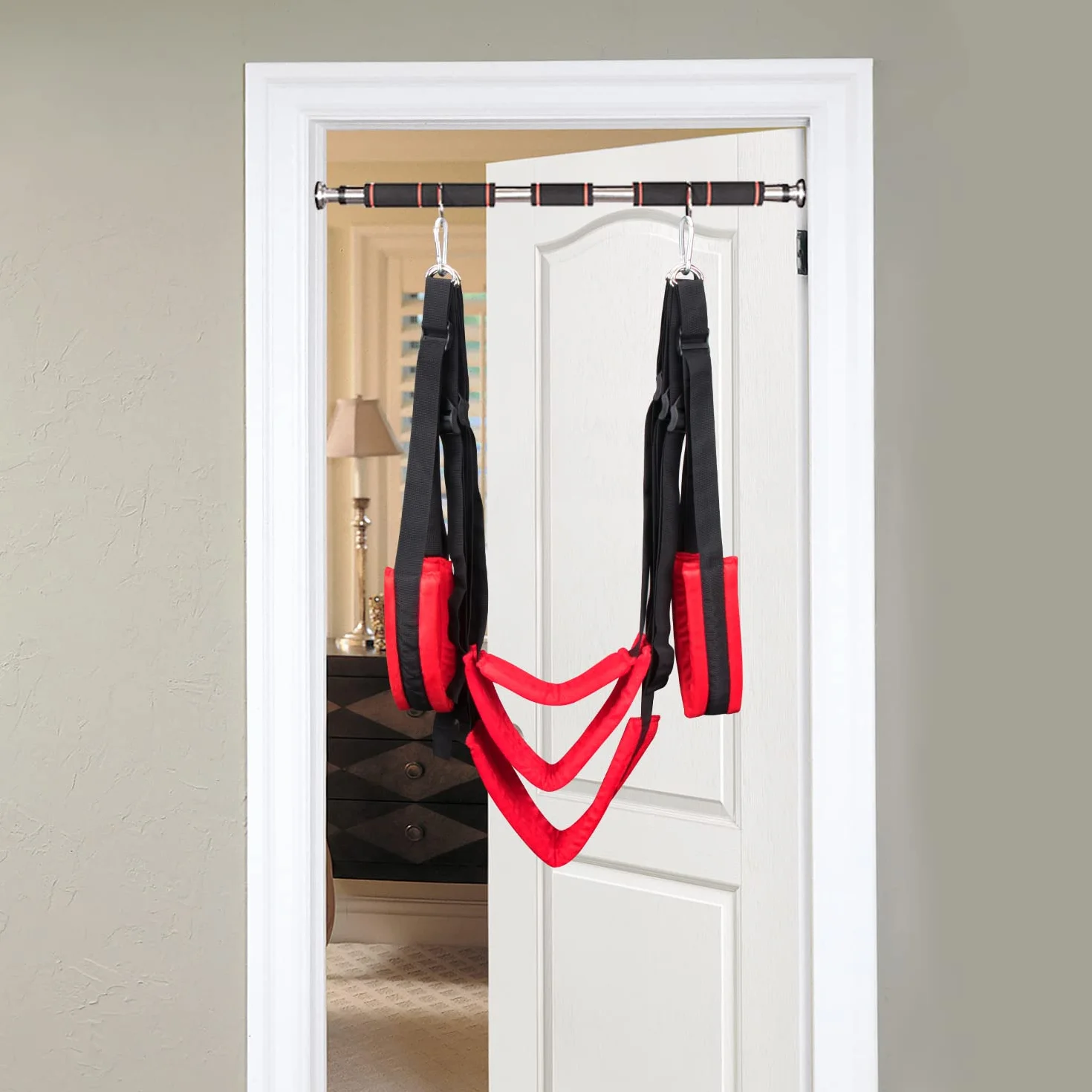 Balançoire de Porte pour Couple Balançoire d'intérieur en Nylon avec Siège Réglable Sangles de Balançoire de Yoga pour Femmes Noir Rouge