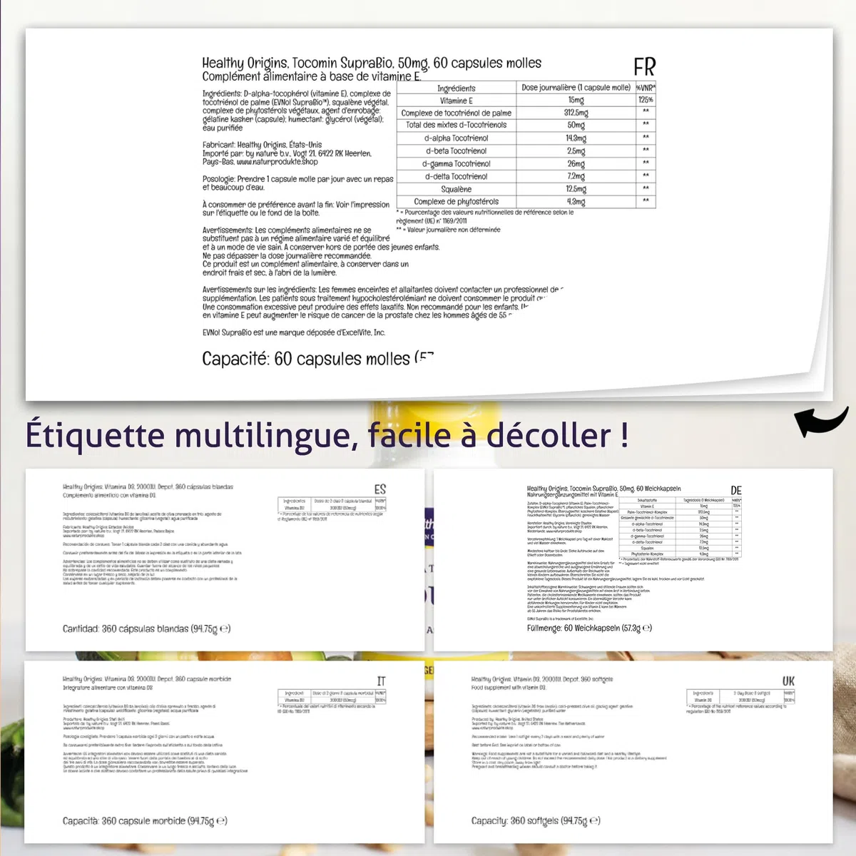 Healthy Origins, Natural Tocomin SupraBio, 50 mg, 60 Capsules molles, Testé en Laboratoire, Vitamine E, Sans Gluten, Sans Soja, Sans OGM