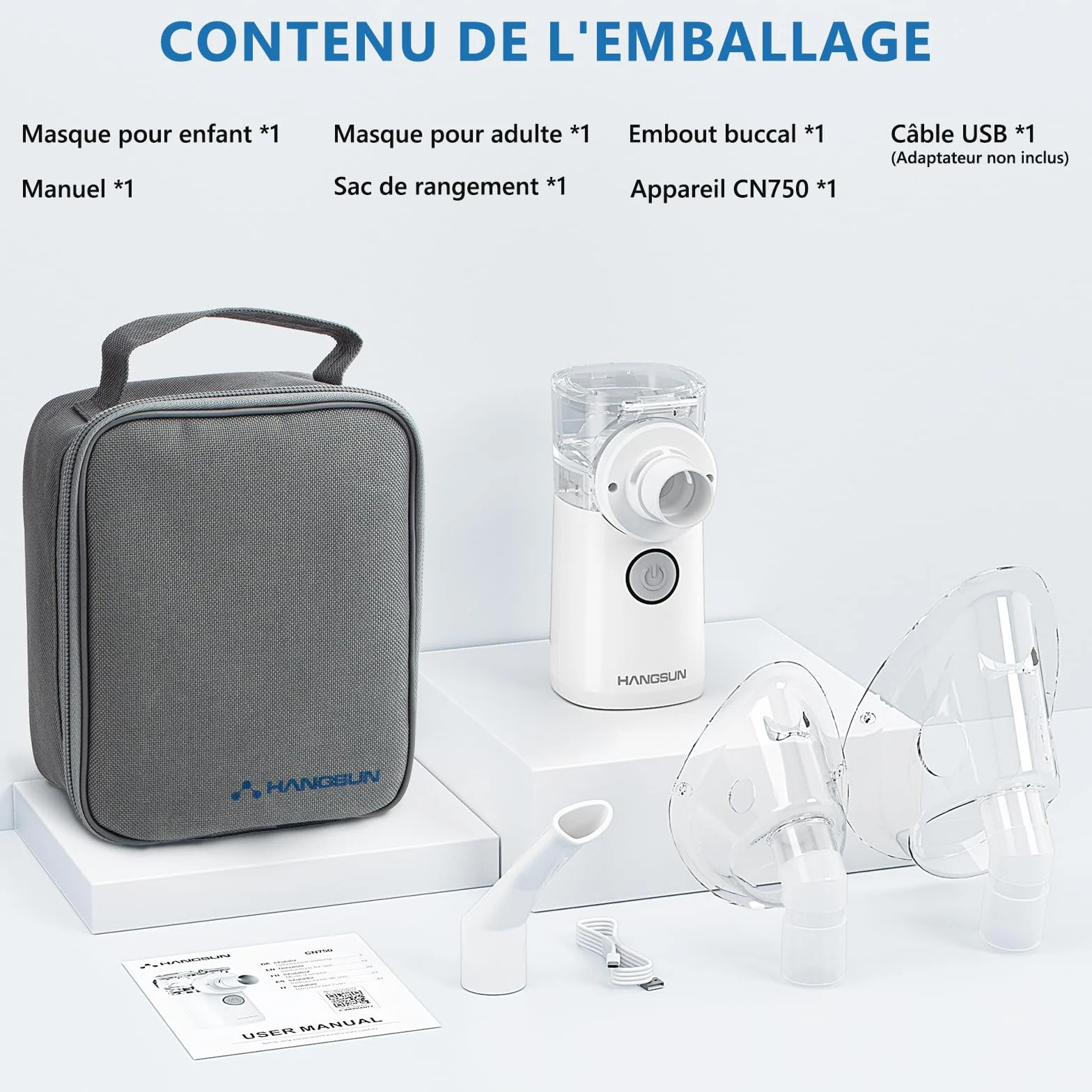 Hangsun CN750 Inhalateur de brume portable en maille, 2 en 1 pour enfants et adultes avec accessoires complets et sac de rangement, adapté pour les problèmes de respiration