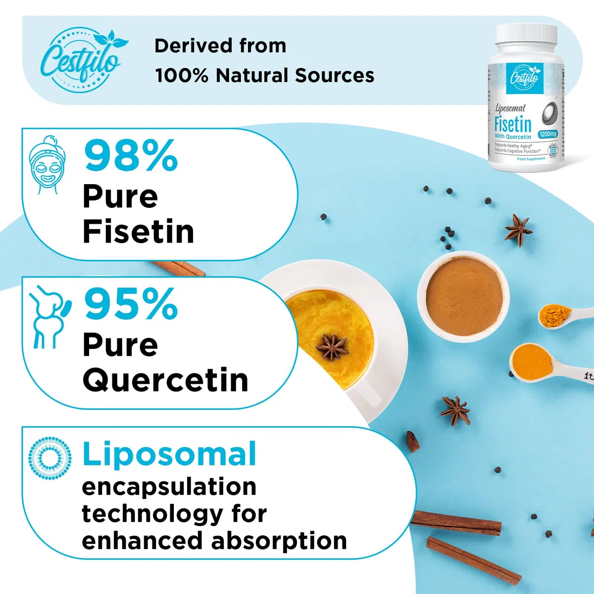 Liposomal Fisetin avec Quercétine 60 softgels - Hautement dosé 1200 mg par serving - Maximum availability - Anti-âge naturel sénolytique de Cestfilo (60 unité (Lot de 1))