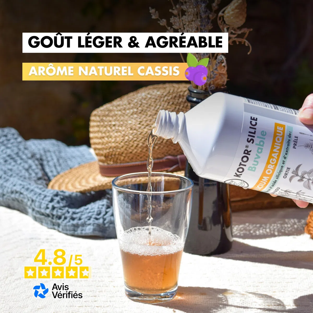 KOTOR SILICE BUVABLE 1L | Silicium Organique Francais & Naturel | Fortement Dosé | Santé des Articulations, Cartilages, Os, Peau, Cheveux, Ongles | Silicium + Ortie + Prêle + Bambou | 1 mois