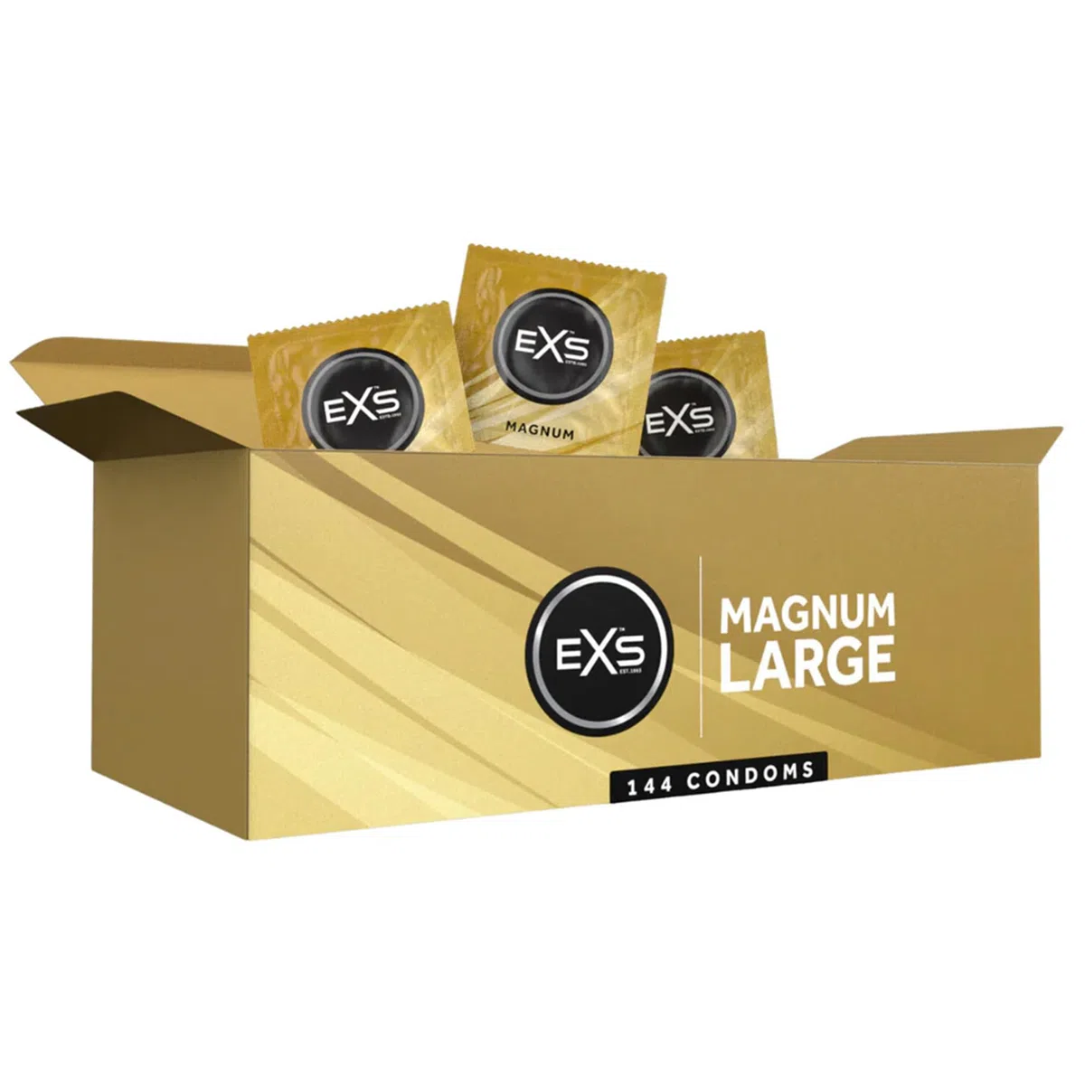 Préservatifs EXS Magnum Large (paquet de 144) - latex premium grande taille, lubrifiés sans spermicide, paroi droite avec réservoir, vegan PETA, 3 ans, marquage CE, développés en Allemagne