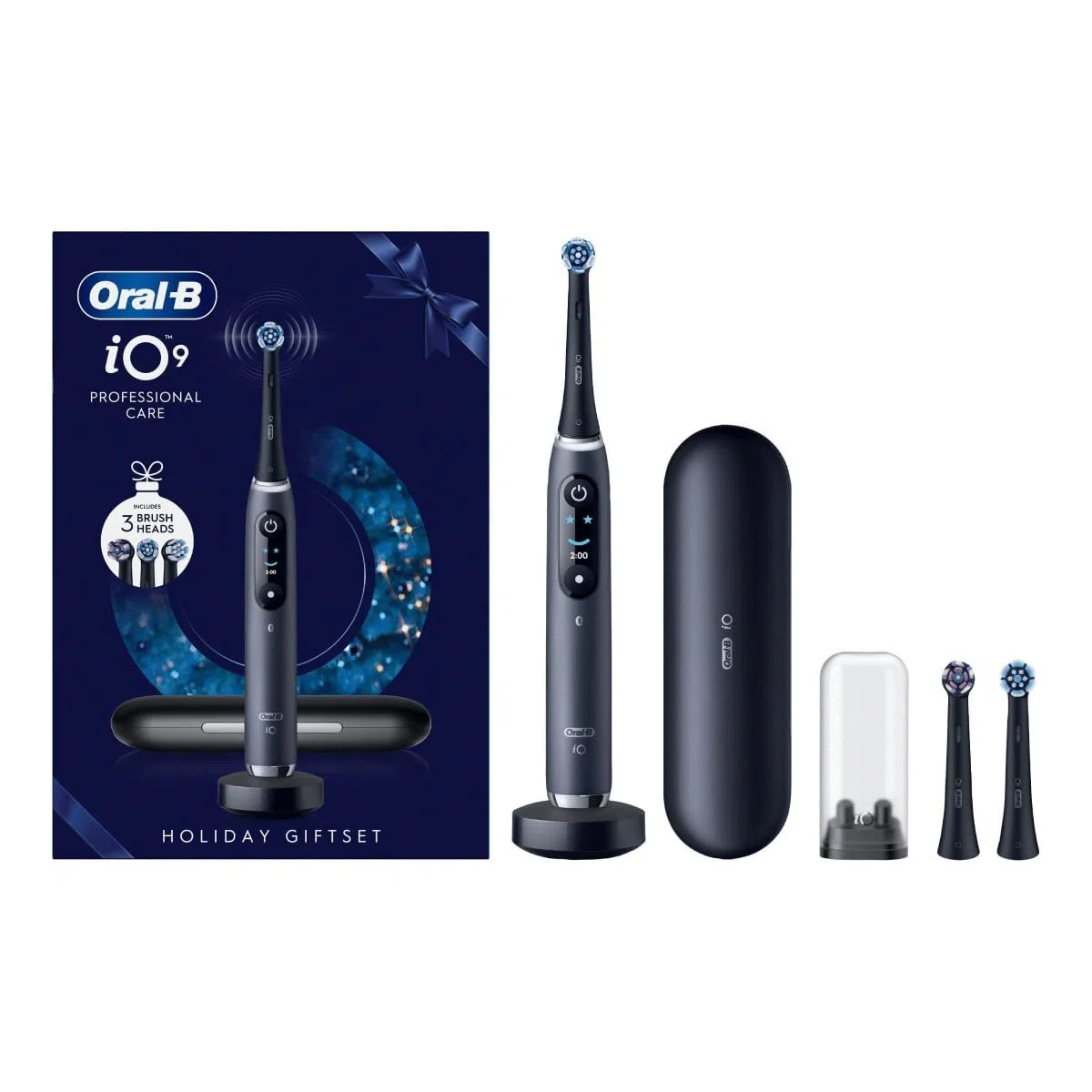 Oral-B iO Series 9 Brosse à dents électrique, 2 brossettes, 7 modes de brossage pour les soins dentaires, analyse 3D, écran couleur et étui de voyage de charge, conçue par Braun, onyx noir