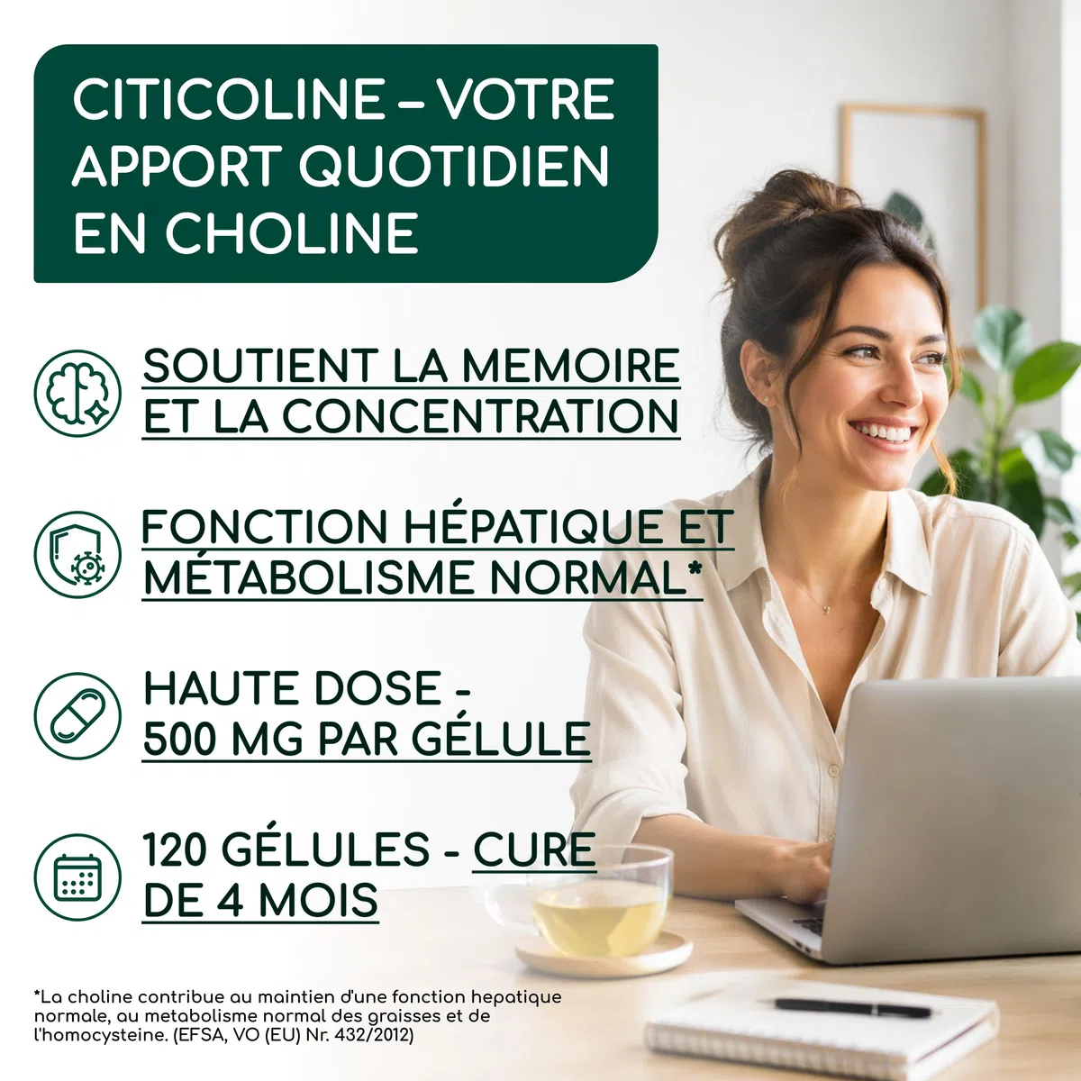 CDP-Choline (Citicoline) 500 mg - Cure de 4 Mois, 1 Gélule par Jour - Forme Bioactive de Choline - 120 Gélules de Citicoline - Sans OGM, Sans Additifs, Végan, Testé en Laboratoire