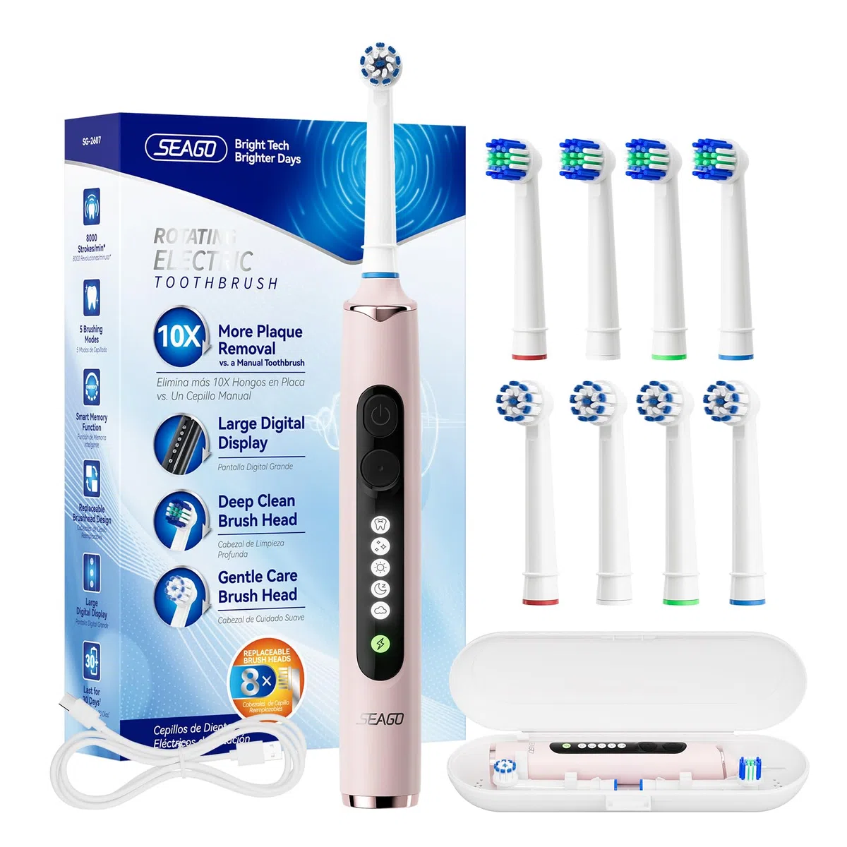 Seago Brosse à dents électrique rotative rechargeable, brosse à dent électrique avec étui voyage, 8 têtes pour familial, 5 modes, minuterie 2 min, étanche IPX7, SG2607, Rose