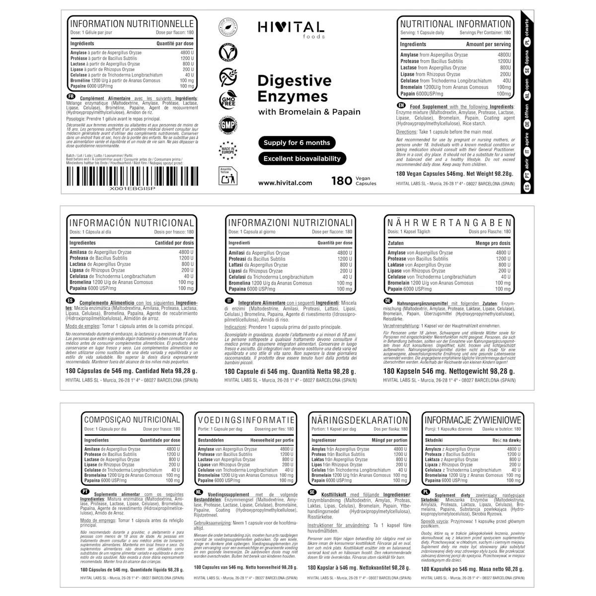 Enzymes Digestives. 180 gélules végétaliennes pour 6 mois de traitement. Amylase, Protéase, Lactase, Lipase, Cellulase, Bromélaïne et Papaïne. Fabriqué en Europe par HIVITAL
