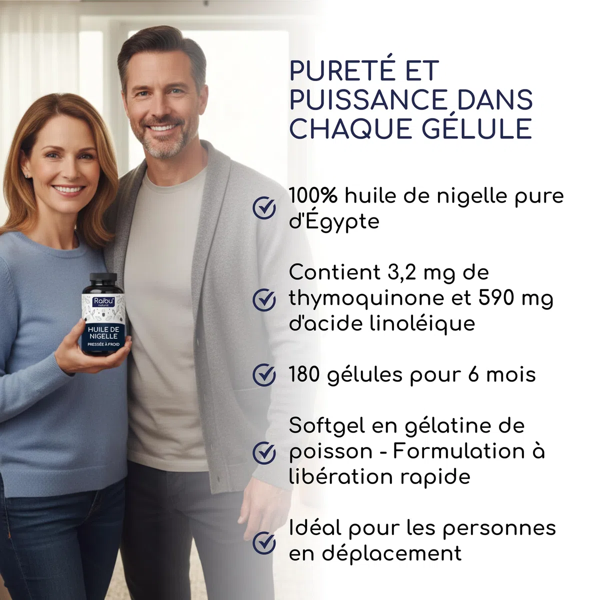 Huile de nigelle pure - 1000 mg d’huile de cumin noir par gélule (1 par jour) - Provision pour 6 mois - Nigella sativa pressée à froid - 59 % d’acide linoléique - 180 gélules