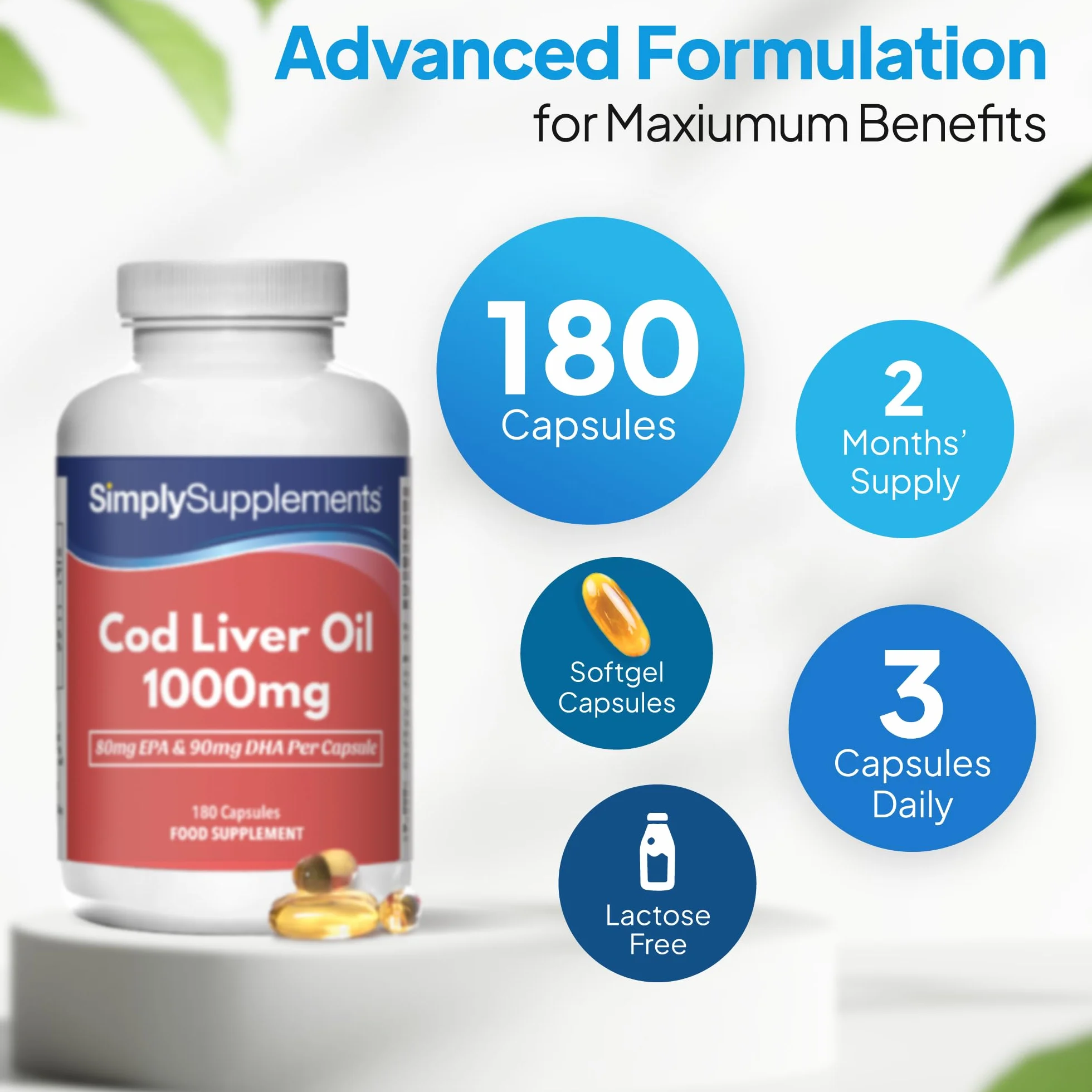Huile de Foie de Morue 1000mg - 180 Gélules - 2 mois de bienfaits - SimplySupplements.