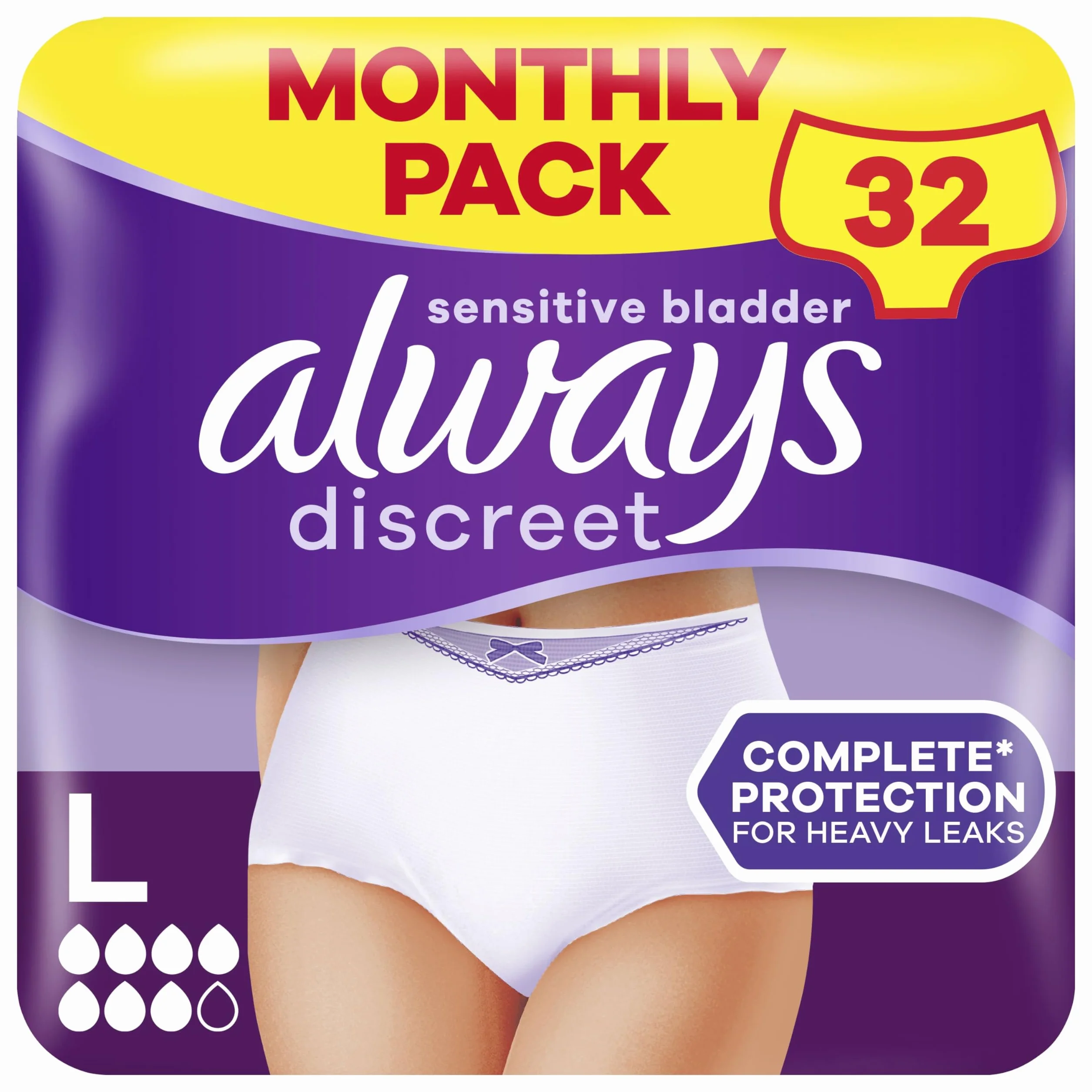 Always Discreet, 32 Culottes Incontinence Femme, Plus 6 Gouttes, Sous-Vêtements Taille L, Blanc, Protection Très Absorbante pour Fuites Urinaires Importantes ou post accouchement, Pack 1 Mois