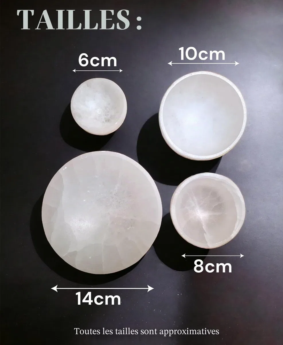 4All Bol de nettoyage rond en cristaux de sélénite - Pierre de sélénite super naturelle - Outil de méditation - Fait à la main - 8 cm