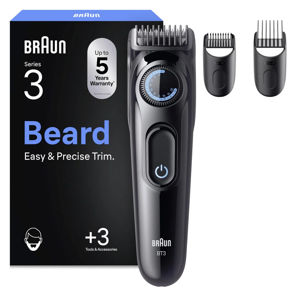 Braun Tondeuse Barbe Homme Series 3 BT3520, Noir et Bleu – Batterie Rechargeable, sans Fil, 40 Longueurs, Lame Affutée, Coffret avec +3 Outils de Barbier