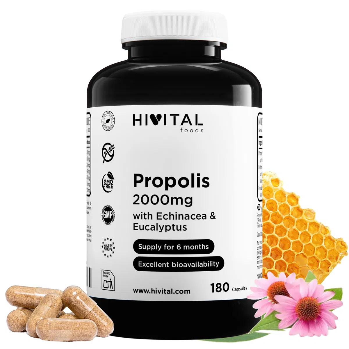 Propolis 2000 mg. 180 capsules pour 6 mois de traitement. Extraits de Propolis avec 10% de Galangine, d'Echinacée avec 4% de Polyphénols et d'Eucalyptus. Fabriqué en Europe par HIVITAL