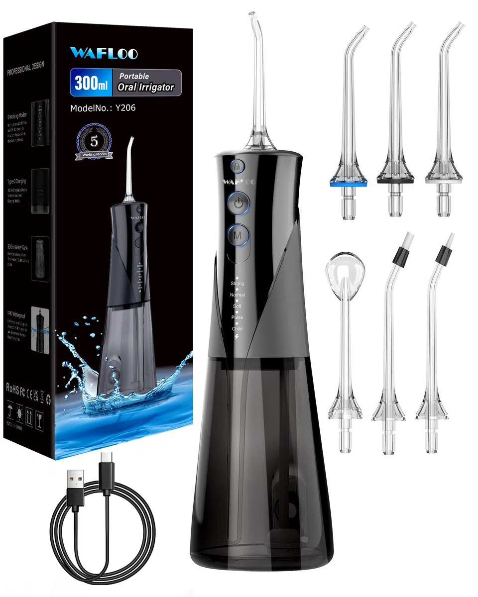 Jet Dentaire Hydropulseur, 5 Modes, 6 Embouts, Rechargeable, Portable, Réservoir de 300ML, Flosser Électrique, Étanchéité IPX7, Nettoyage des Dents Idéal pour Maison et Voyage (Noir)
