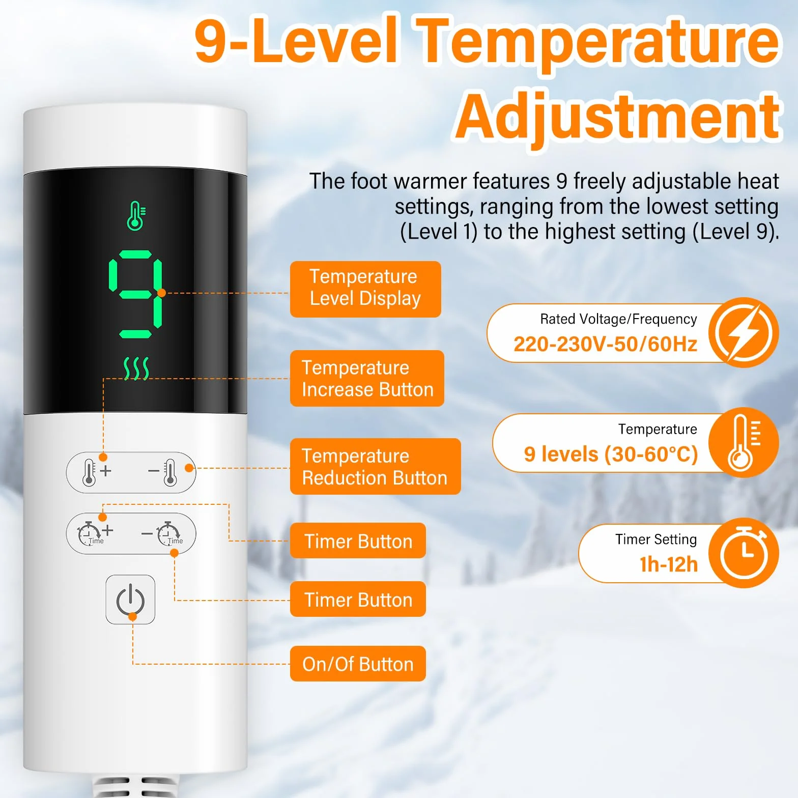 Chauffe-pieds, Chauffe Pied Électrique 30℃ à 60℃, Chausson Chauffant Electrique avec 9 niveaux de température & 12h Time, Lavable, Protection contre la surchauffe & Arrêt automatique