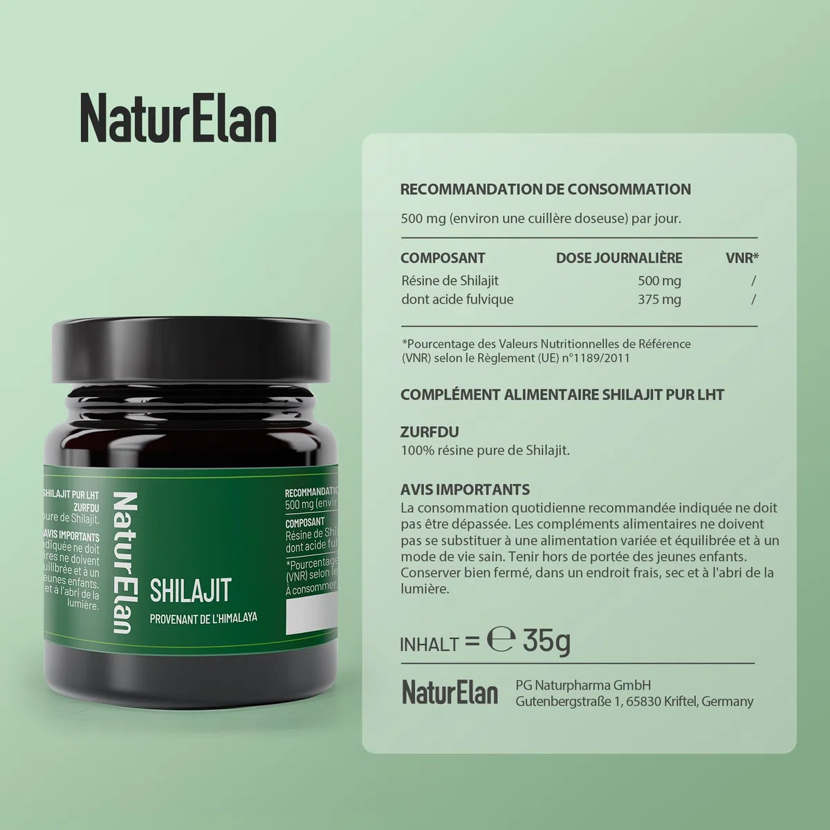 Shilajit Pure Himalaya - 75% d'acide fulvique hautement dosé - 35g avec acide humique naturel et minéraux, approvisionnement pour 70 jours, végétalien et sans additifs, produit en Allemagne