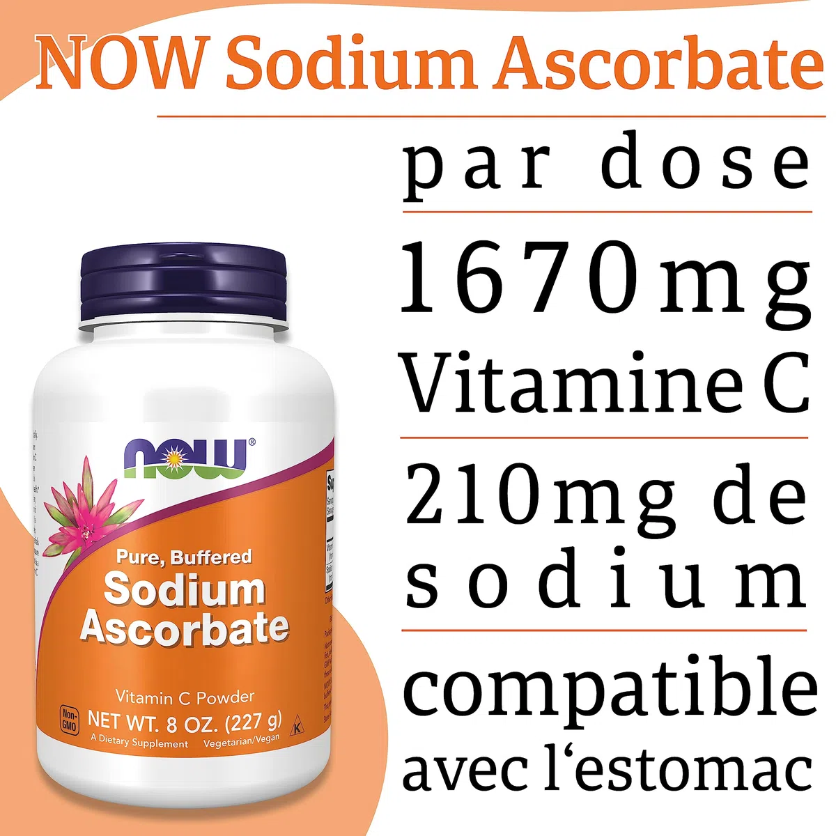 Now Foods, Sodium Ascorbate (Ascorbate de Sodium), 227g de Poudre végétalienne, Testé en Laboratoire, Vitamine C, Sans Gluten, Sans Soja, Végétarien