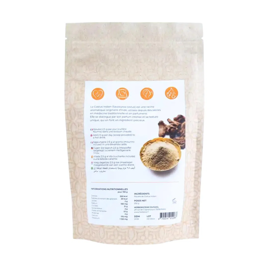 Poudre de Costus Indien 250 g – Racine en Poudre – 100% Végan Sans OGM – Texture Fine & Arôme Intense – Sachet Refermable + Cuillère Doseuse
