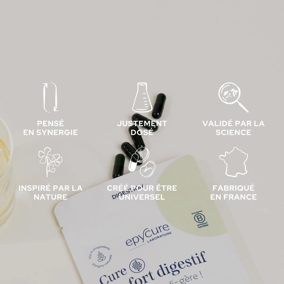 EPYCURE - Cure Confort Digestif - Améliore Digestion & Transit, Réduit Ballonnements & Flatulences - 95% Naturel - 5 Enzymes Digestives, Calcium, Fenouil, Zinc - 1 Mois - Vegan - Fabriqué en France