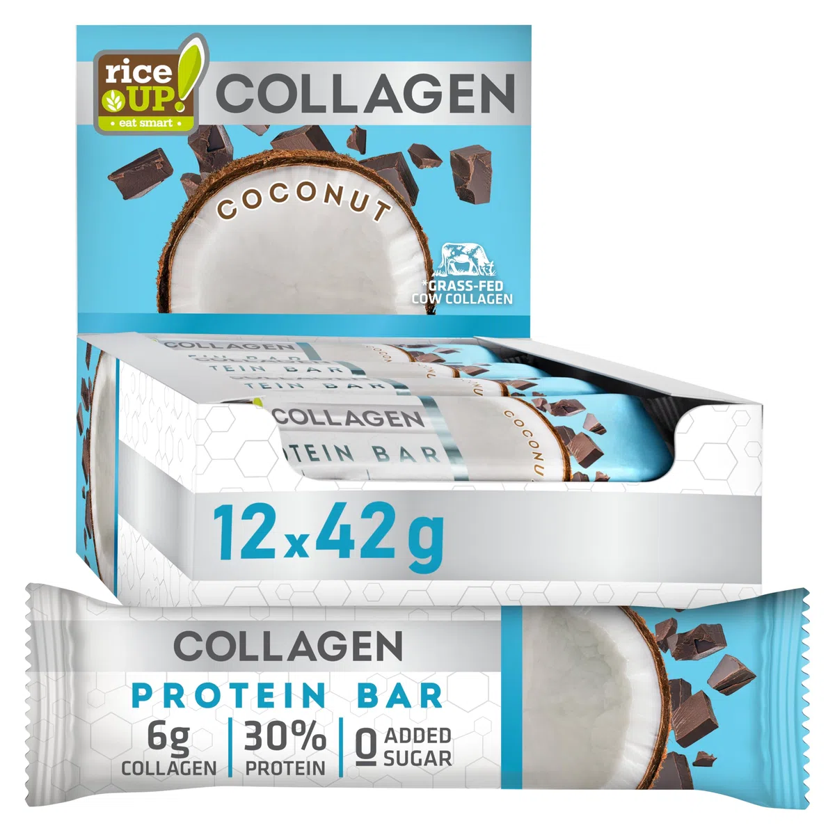 RiceUP! Barre Protéinée Noix de Coco au Collagène – 30% Protéines, 6000 mg Collagène Type I & III, Sans Sucre Ajouté, Moins de 215 kcal – Snack Protéiné 12 x 42 g
