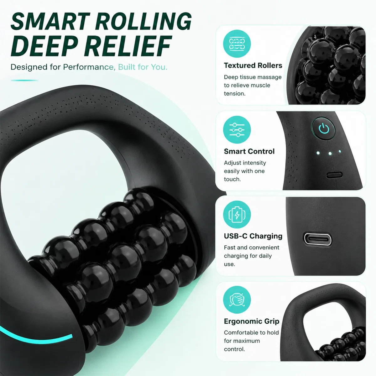Masseur électrique à main avec rouleaux, 8 vitesses, massage en profondeur rechargeable pour le dos, les épaules et les jambes, rouleau de fascia électrique avec 6 têtes de massage pivotantes (A-3