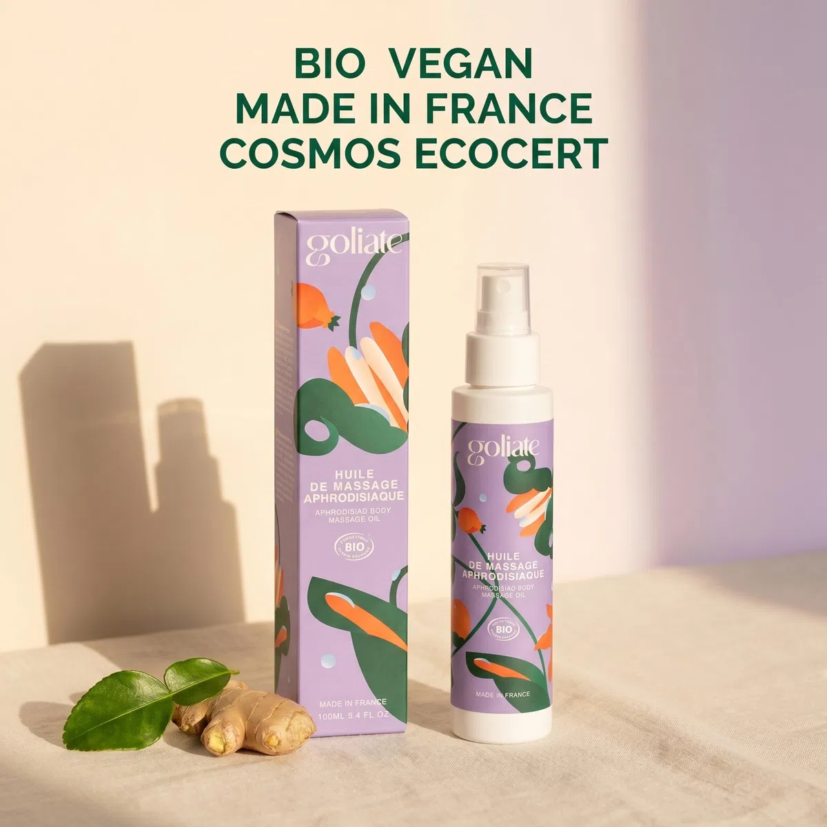 GOLIATE Huile Massage BIO Aphrodisiaque - COSMOS ORGANIC - Vegan | Certifiée Ecocert, 3 ingrédients bio, santal gingembre bergamote, comestible, sans paraben, fabriquée en France