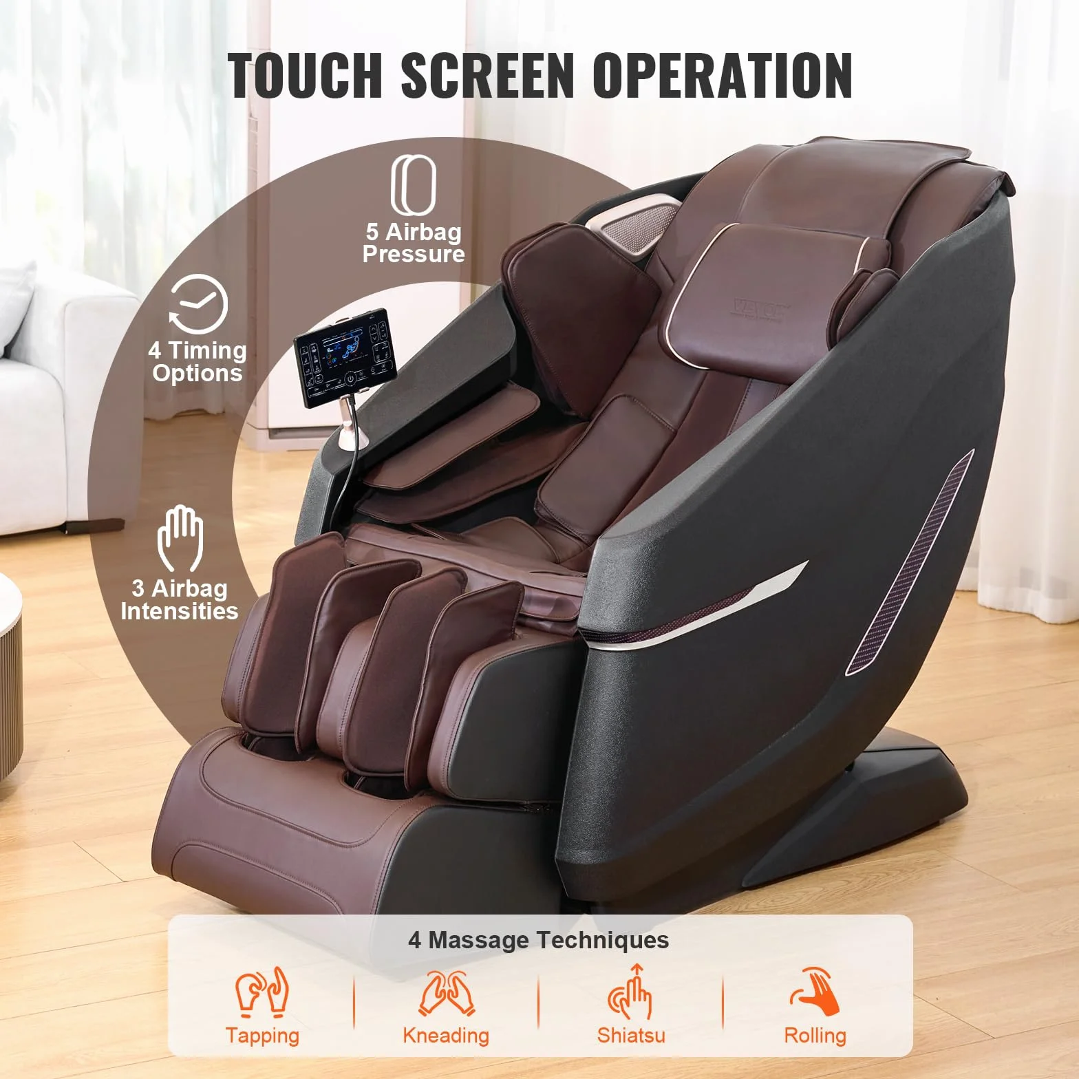 VEVOR Fauteuil de Massage avec Piste SL Flexible, Masseur Shiatsu 3D Complet du Corps, Zéro Gravité, 10 à 18 Modes Automatiques, Chauffage, Haut-Parleur Bluetooth, Coussin d’Air, et Écran Tactile