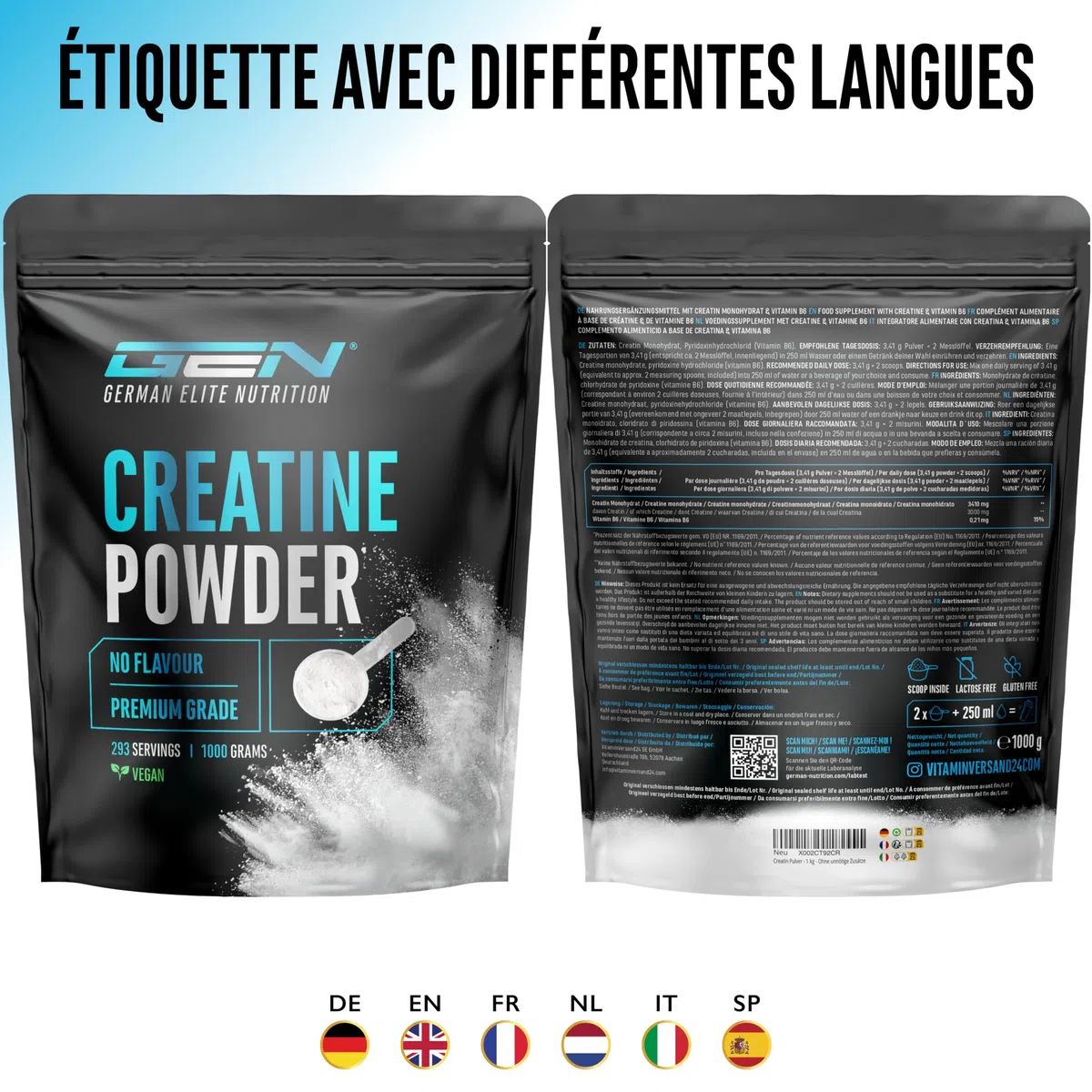 Créatine Monohydrate en Poudre 1000 g – Créatine Monohydrate Microfine, Très Soluble et Fortement Dosée – sans Additifs Inutiles – Vegan – 293 Portions