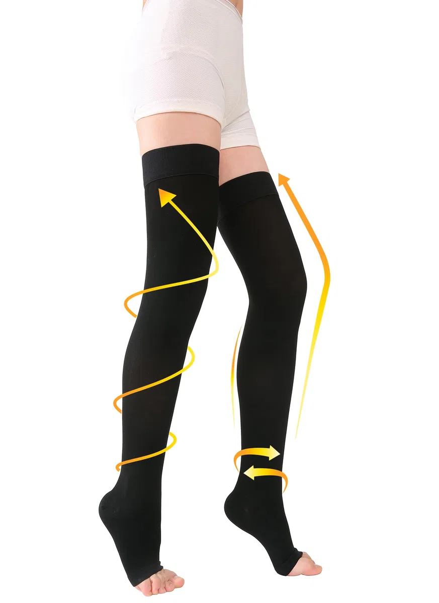 TOFLY Bas de compression à cuisse haute, opaque, soutien ferme Compression de gradient de 20-30 mmHg avec bande de silicone, bas de compression à bout ouvert, gonflement du traitement, Noir L