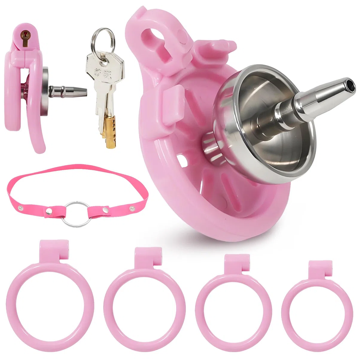 Jouet Adulte Cage Chastetée Plate Cage de Chasteté Inversé avec 4 Anneaux de Tailles Différentes Chastity Cage avec Serrure Dissimulée et Ceinture pour le Bondage du Pénis de l'Homme (M,Pink)
