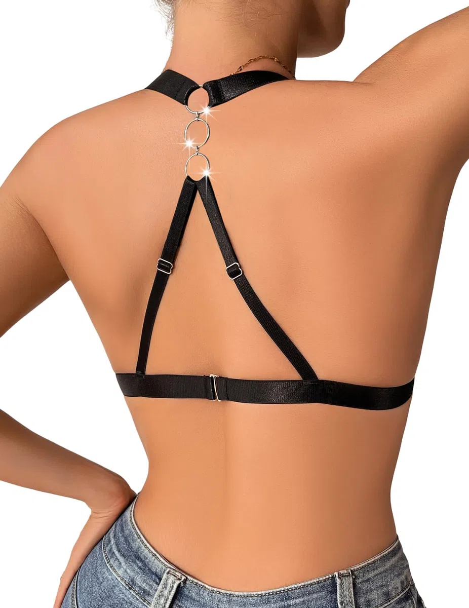 Soutien-gorge sexy à bretelles dos nu en cuir synthétique pour femme - Bralette dos nageur - Sans fil - Push Up - Col en V plongeant - Bustier creux - Dos nu - Corset gothique punk - Clubwear