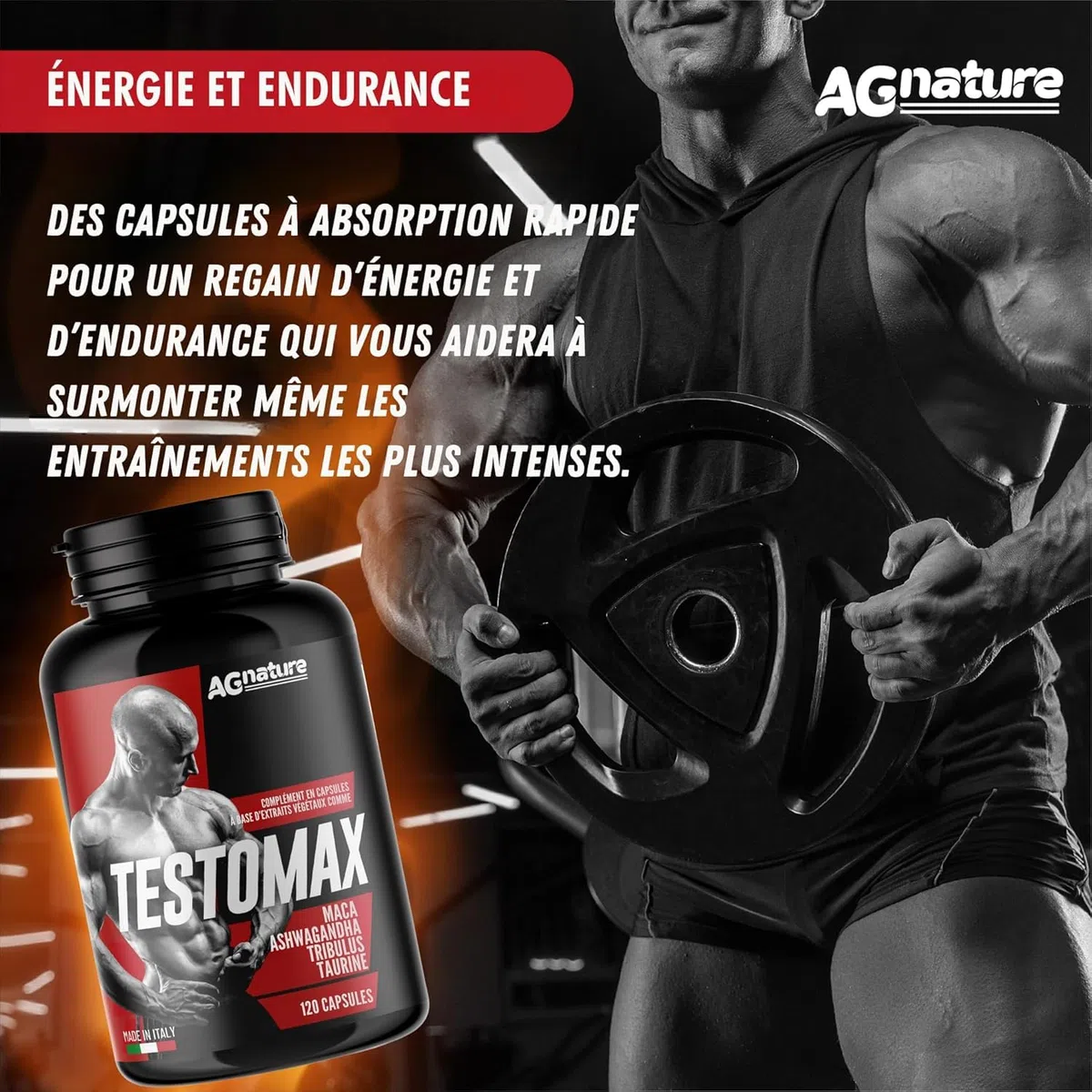 AG nature Testosterone Homme Fort pour Musculation 120 Pilule | Complément Alimentaire Puissant avec Tribulus Terrestris Maca Ginseng Gingembre Zinc