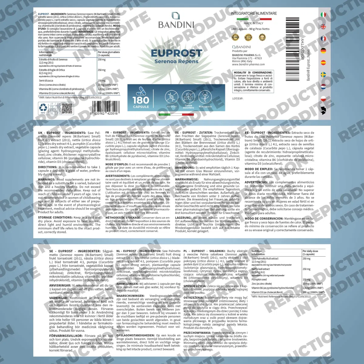 Bandini® Euprost Serenoa Repens 180 gélules | Palmier nain (Saw Palmetto), Graines de Courge, Ortie, Zinc, Vitamine D3 & B6 | Confort Urinaire hommes | Extrait 20:1 standardisé à 30% en acides gras