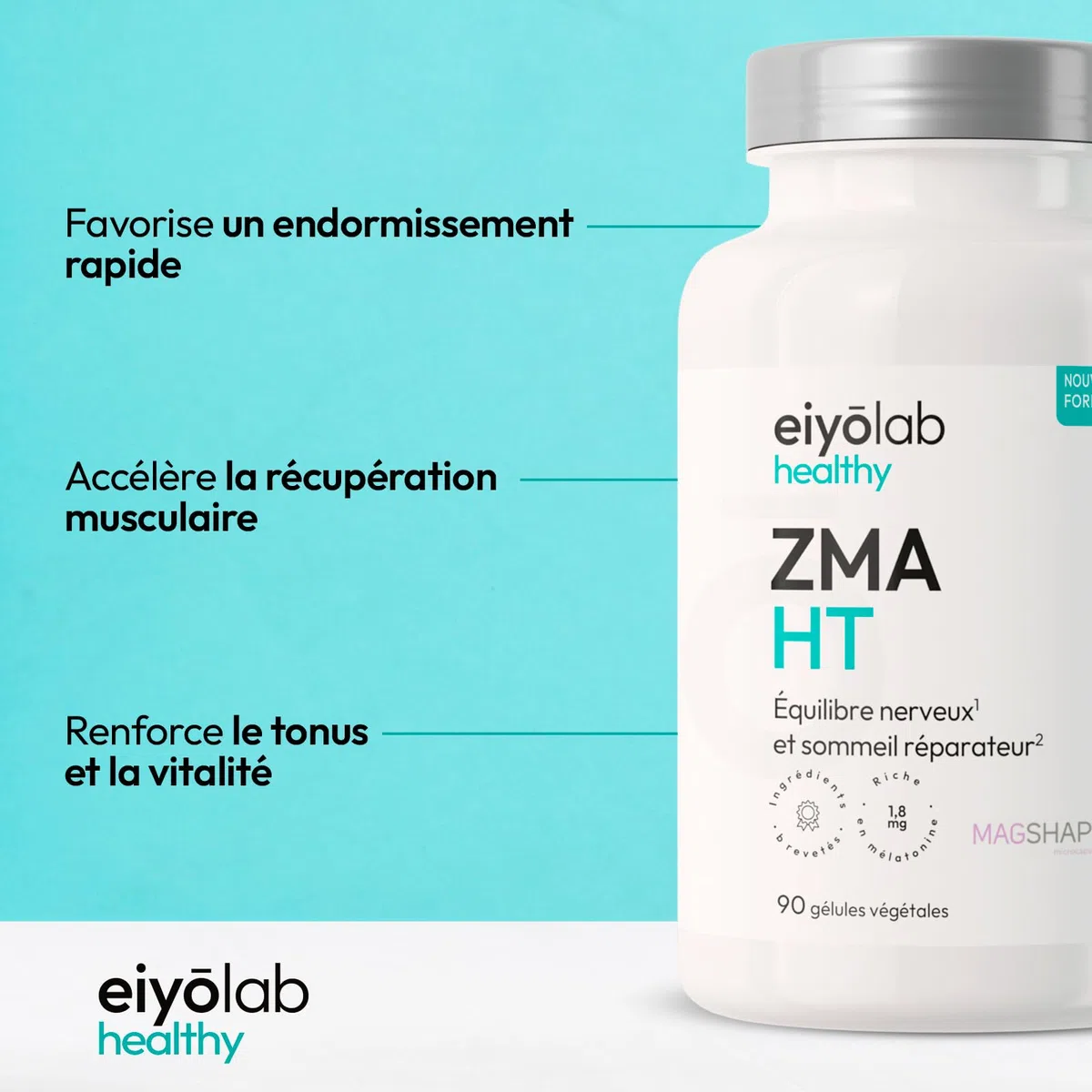 ZMA HT | Zinc Bisglycinate + Magnésium + Mélatonine | Dosage Optimal | Facilite l’endormissement et la Récupération Musculaire | 90 Gélules | Fabriqué en France | Eiyolab