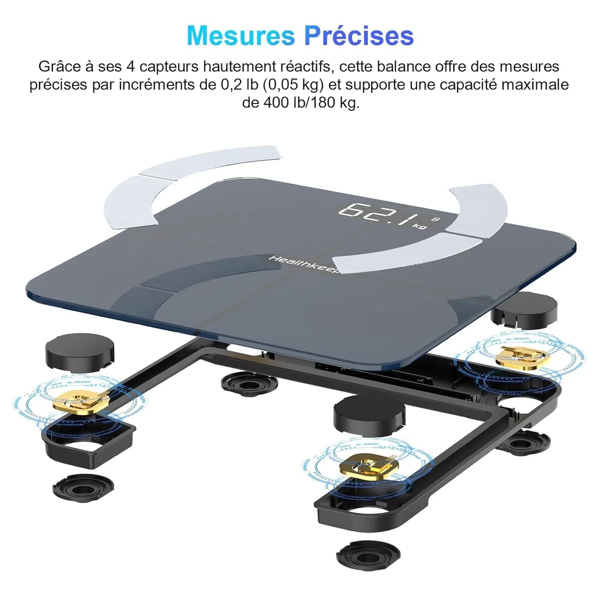 Healthkeep Pèse Personne Numériques, Balance Connectée Bluetooth Impédancemètre avec 13 Données Corporelles (BMI/Graisse Corporelle/Masse Osseuse/BMR/Muscle/Eau) pour APP Max 180kg