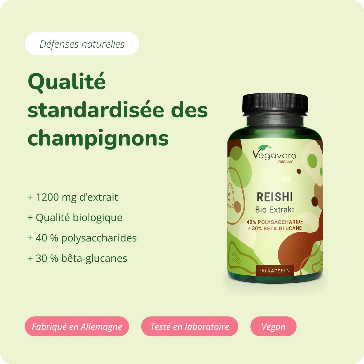 Reishi BIO Vegavero® | 18.000 mg (Extrait 15:1) | 40% Polysaccharides + 30% Bêta-Glucanes | Sans Additifs | VEGAN