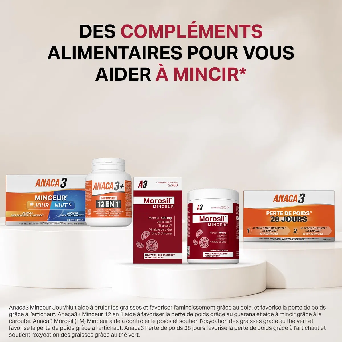 ANACA 3 - Jour/Nuit - Complément Alimentaire - Favorise Amincissement(1) & Perte de poids(3) - Artichaut, Curcumine, Cola, Fucus, Guarana, Chrome - Programme 30 Jours - Fabriqué En France - 60 Gélules