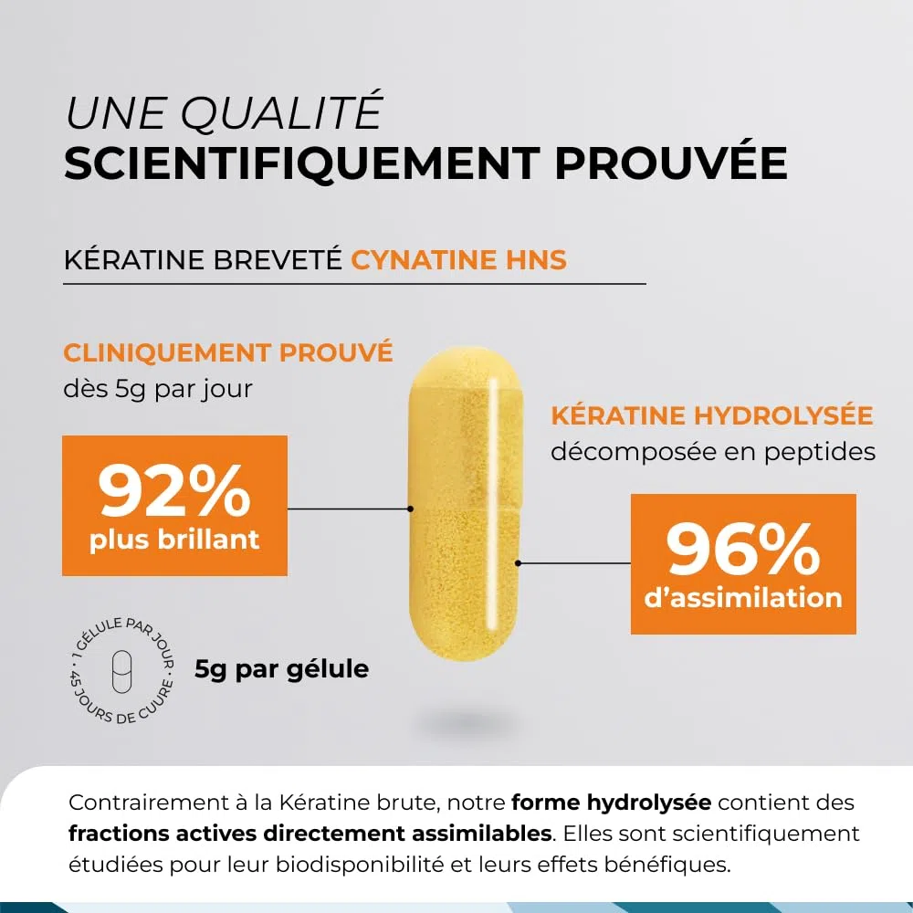 Kératine et Biotine - CUURE - Ingrédient Breveté Cynatine - 45 Jours - Pousse & Brillance des Cheveux - Vitamine B8 - Complément Alimentaire Cheveux, Ongles & Peau - Fabriqué en France