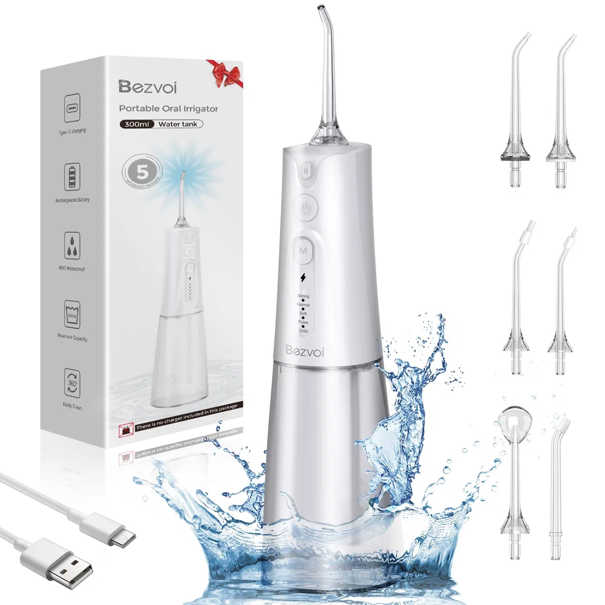 Bezvoi Jet Dentaire Hydropulseur Irrigateur Oral: 5 Modes, Rechargeable et Étanche IPX7, Réservoir d'eau 300 ml Vainqueur du Test, Idéal pour bucco-dentaire, Blanc