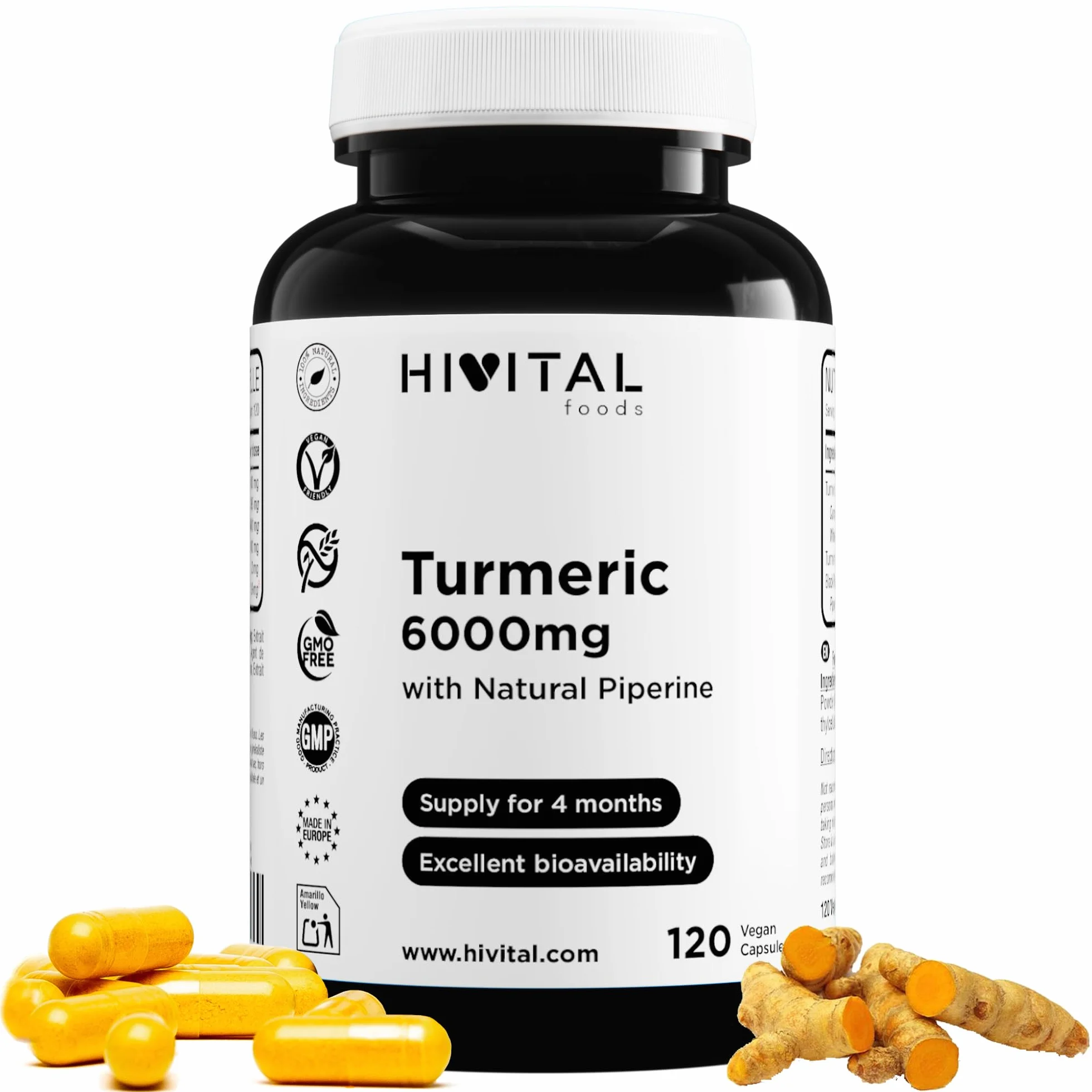 Curcuma Extrait concentrée 6000 mg avec 285 mg de Curcumine et Poivre Noir. 120 gélules végétales pour 4 mois de traitament. Fabriqué en Europe par HIVITAL