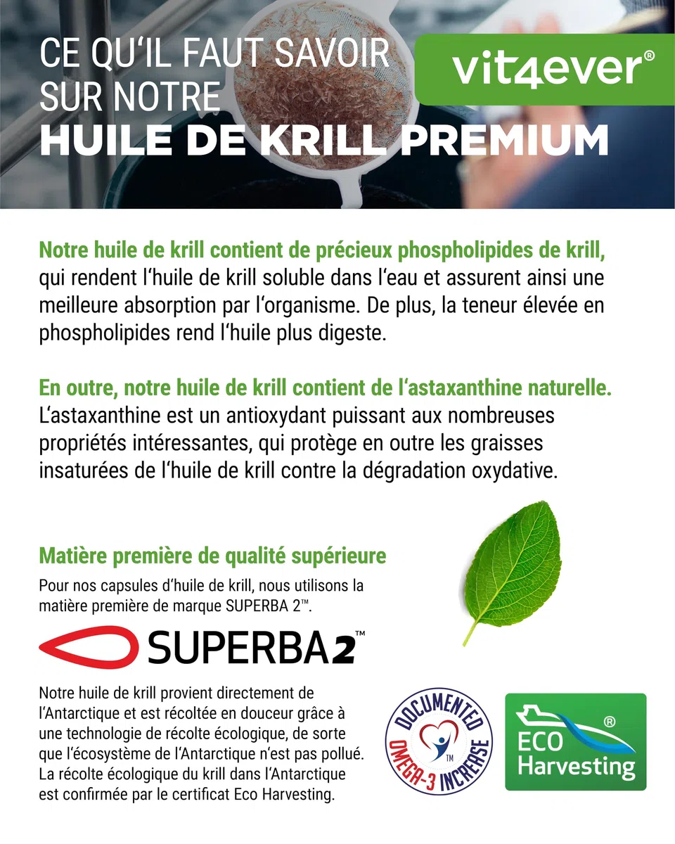 Huile de Krill - 120 Capsules - Premium : Huile de Krill de l'Antarctique Superba - Riche en EPA + DHA + Astaxanthine + Phospholipides + Acides Gras Oméga 3 - De Culture Durable