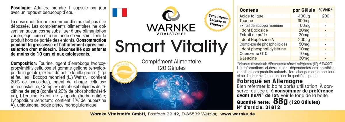 Smart Vitality - Complexe avec acide folique, taurine, Bacopa Monnieri, lycopode, phospholipide & Q10-120 gélules - fortement dosé - vegan | Warnke Vitalstoffe - Qualité des pharmacies allemandes