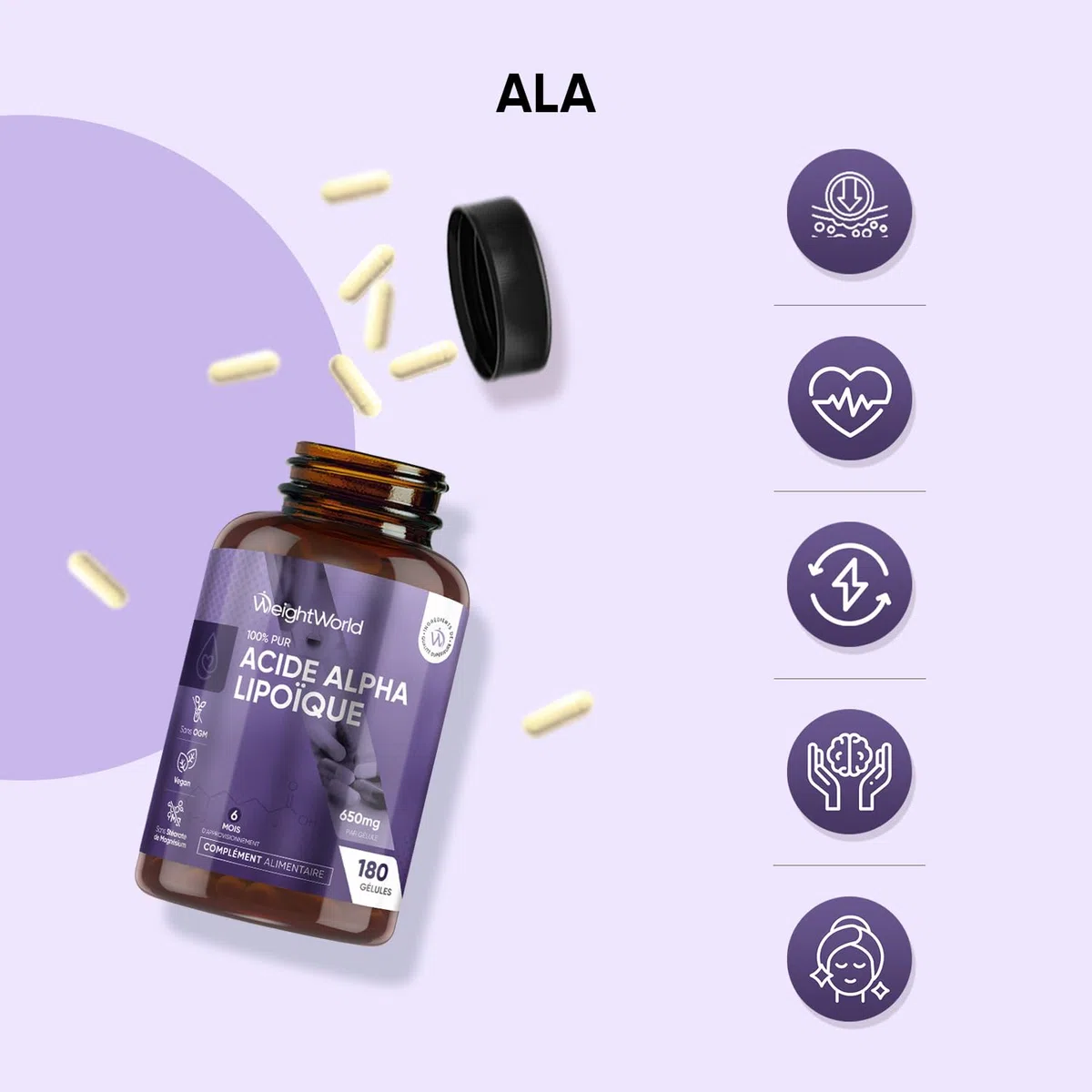 Acide Alpha-Lipoïque Pur ALA 650mg - 180 Gélules Vegan AAL (pour 6 Mois)