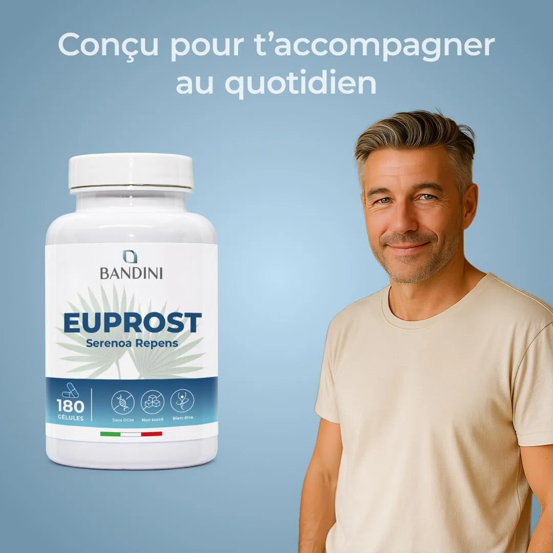 Bandini® Euprost Serenoa Repens 180 gélules | Palmier nain (Saw Palmetto), Graines de Courge, Ortie, Zinc, Vitamine D3 & B6 | Confort Urinaire hommes | Extrait 20:1 standardisé à 30% en acides gras