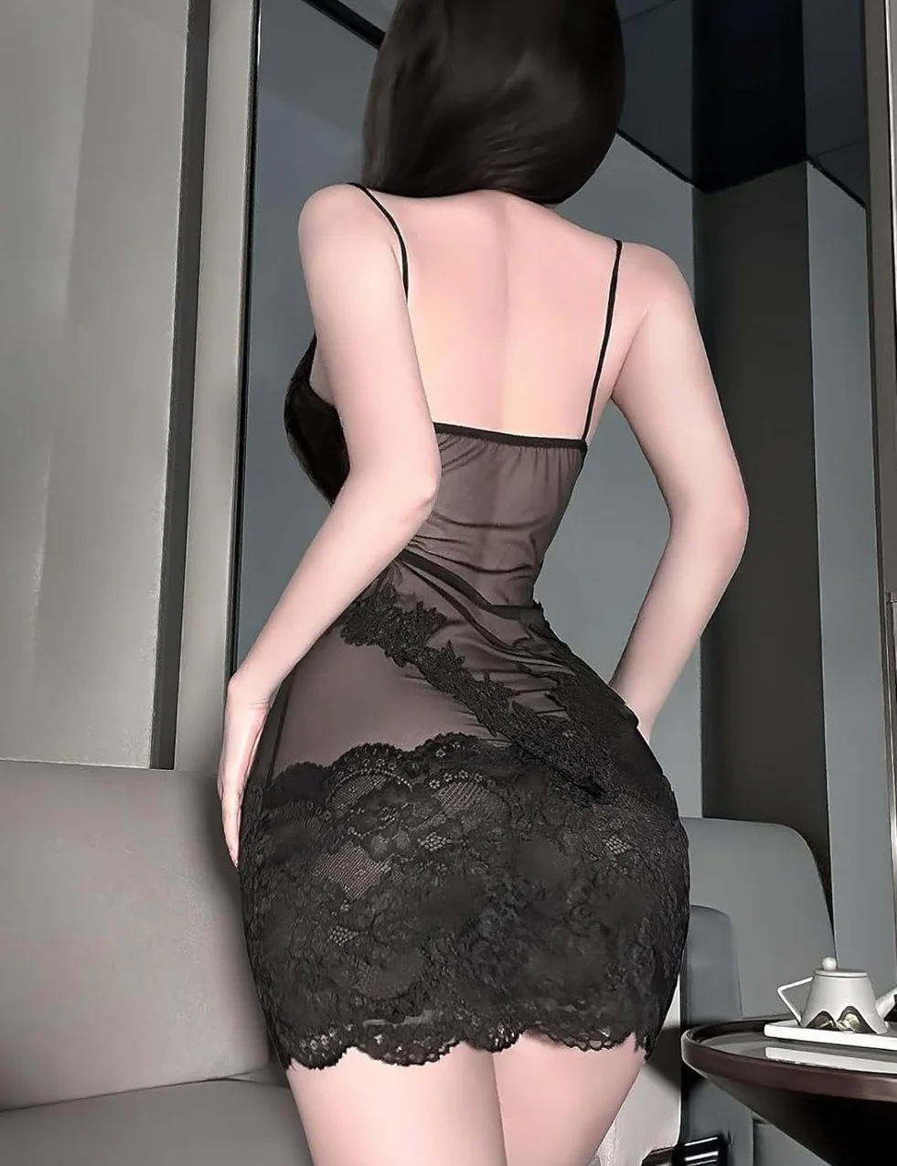 Robe en Dentelle Transparente pour Femme - Motif Floral Sexy - en Maille - Lingerie Transparente - Bretelles Spaghetti - Mini Robes pour fêtes