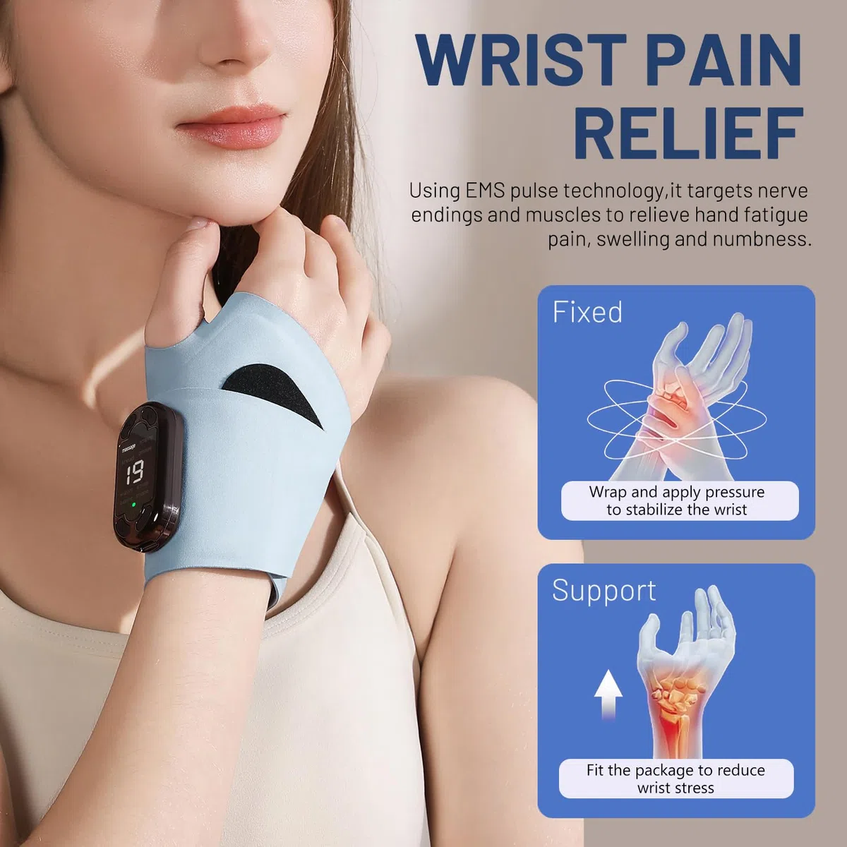 Électrostimulateur Musculaire,EMS/TENS Électrostimulateur Relaxant à Poignet,8 Modes et 19 Niveaux d'Intensité,Rechargeable,Soulage vos douleurs au quotidien,Douleurs musculaires