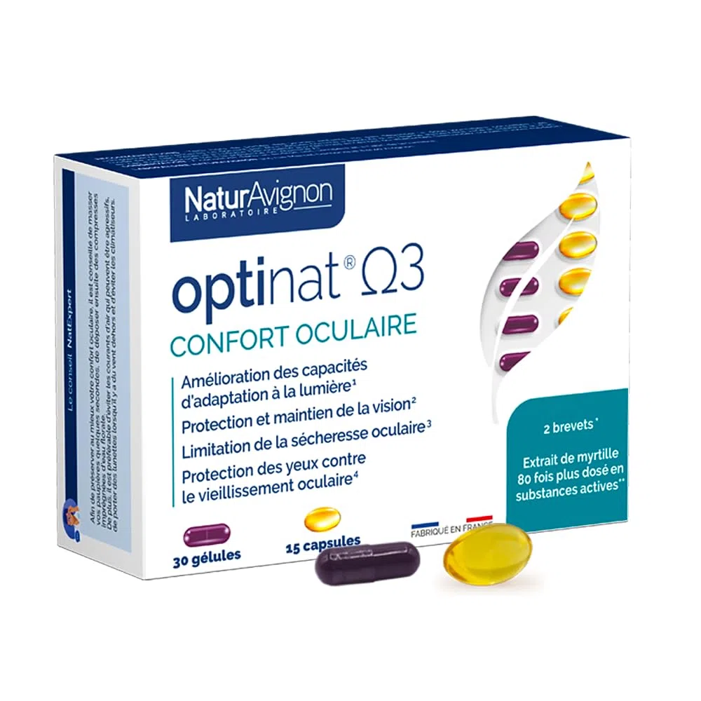NaturAvignon Optinat | Complement alimentaire yeux confort oculaire + vision optimale | Riche en EPA + DHA | Extrait de myrtille + luteine yeux | Fabriqué en France | 15jours